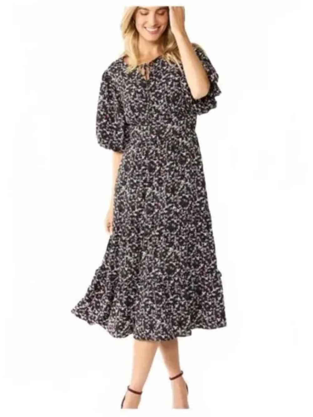 Draper James Black Floral Midi Dress with Puff Sleeves Size M